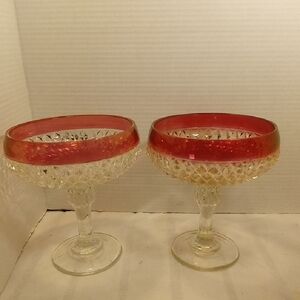 Vintage MCM Indian Glass Diamond Cut Ruby Red Flashed Rim  Compote Bowl